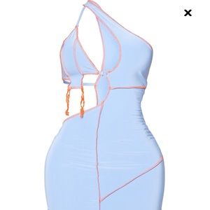 PLT Shape Blue Slinky Overlock Ring Detail Cut Out Bodycon Dress - New, w/ tags
